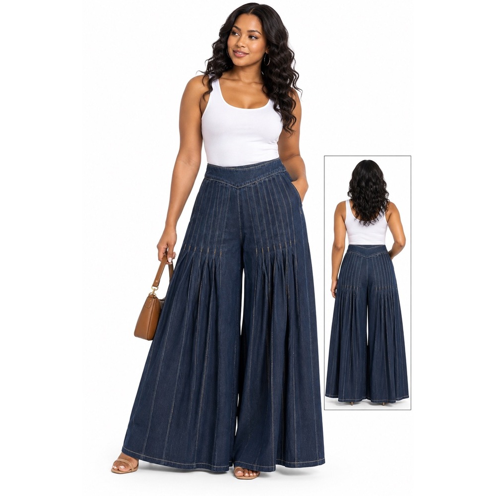 Fancy Dream Women Dark Blue Pleated Extra Wide Leg Palazzo Pants High Rise Small
